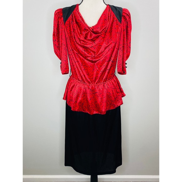 Vintage 80s Draped Peplum Dress Women Small Stretch Secretary Career Date Retro - Picture 2 of 10